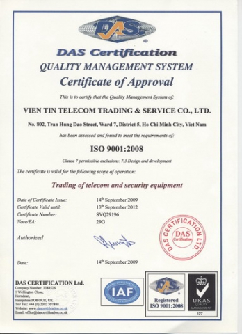 Chứng nhận ISO 9001:2008 do Tổ Chức UKAS, Vương Quốc Anh cấp